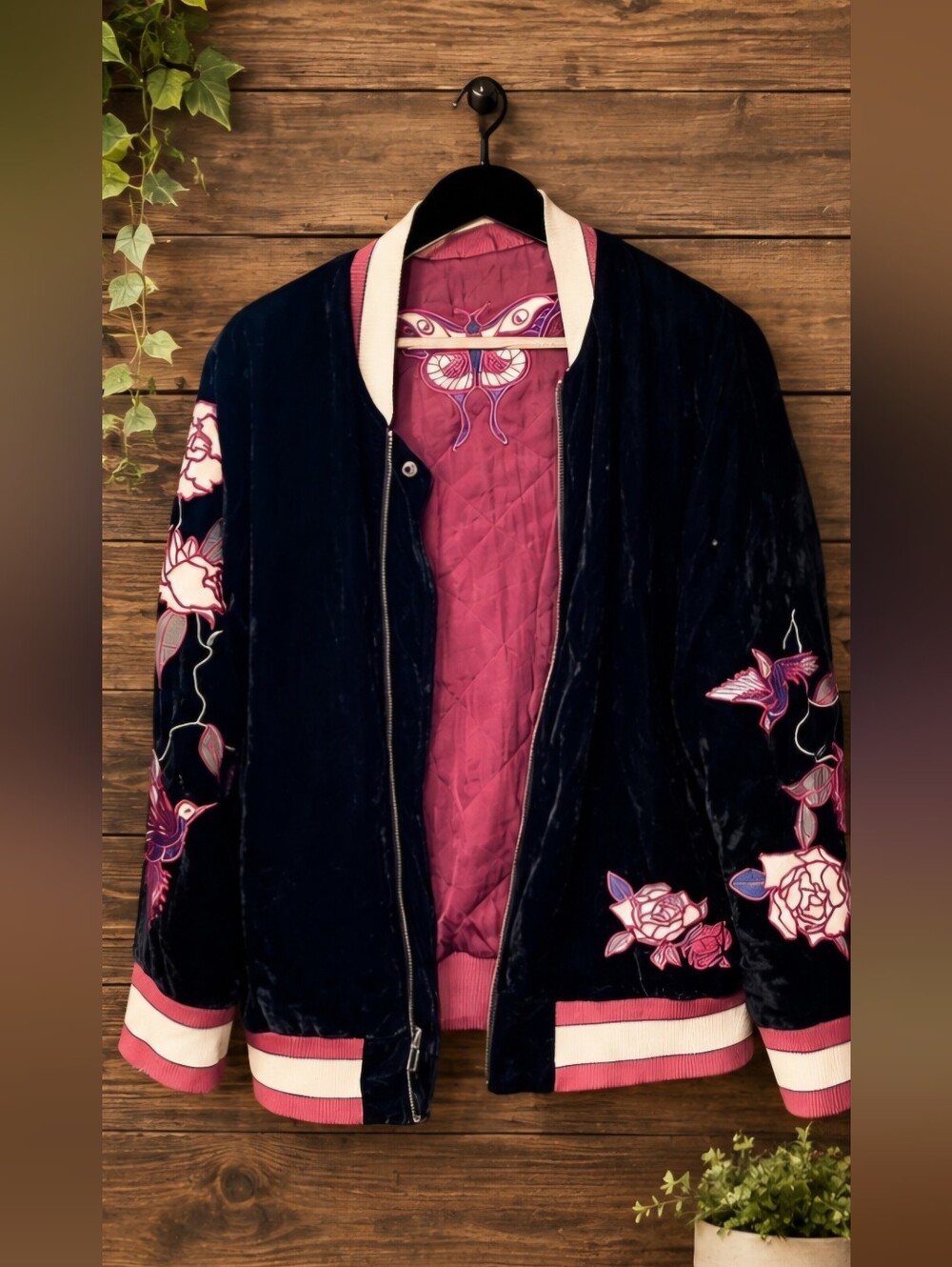 Ecote France Reversible Bomber Jacket,  Satin Appliques On Black Velvetine